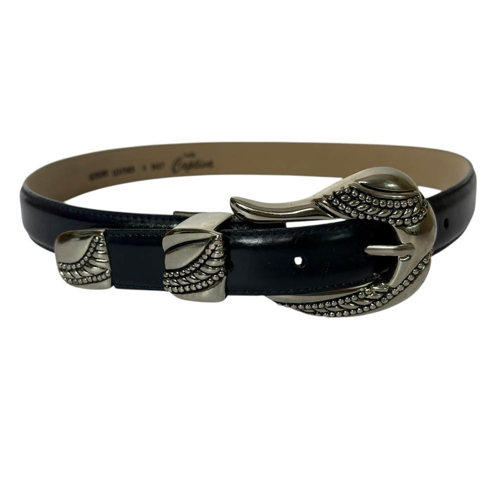 Vintage 90's Lady Captiva Leather Belt Gold Buckle Moto Maximalist Dark Blue S